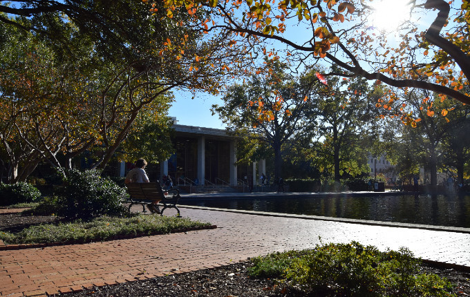 喷泉在托马斯·库珀图书馆前，周围有树和长凳