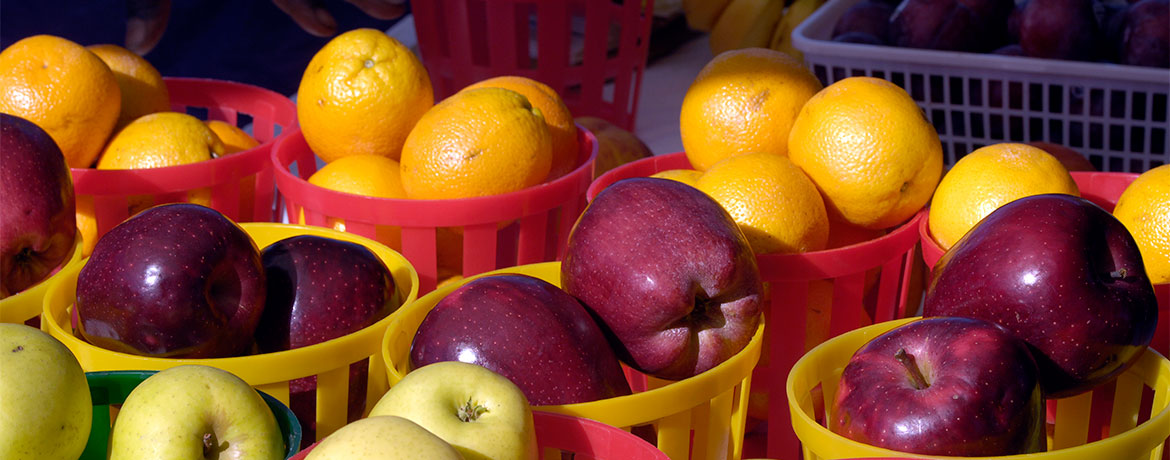 在UofSC农贸市场的苹果和橘子篮