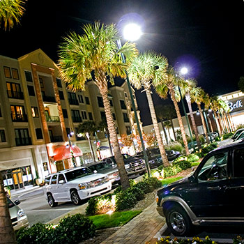 晚上，在一个购物区前，一排被路灯照亮的棕榈树。
