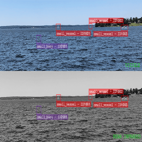 感知技术的例子。湖与浮标和小船只标记的全彩图像。相对于具有相同标签的黑白图像。