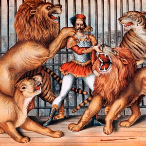 一张老式的马戏团海报展示了一个驯兽师和大猫的插图。
