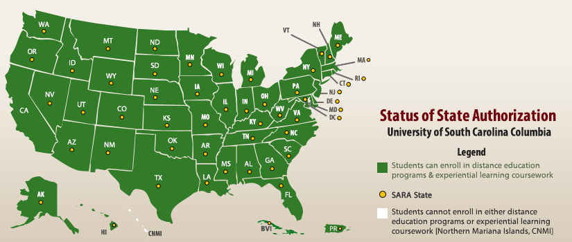 美国地图，黄点表示SARA州