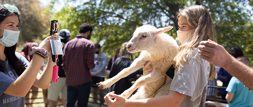 这是一张来自卡罗莱纳宠物动物园的照片。视频中，一名学生抱着一只山羊，而另一名学生正在戴维斯球场上给抱着山羊的学生拍照。