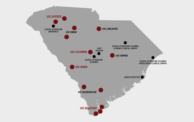 南卡罗来纳的地图，上面标明了所有校园的位置
