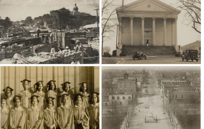 four black and white photos from our collections including people in graduation hats, Longstreet Theatre facade, and downtown Columbia street scenes