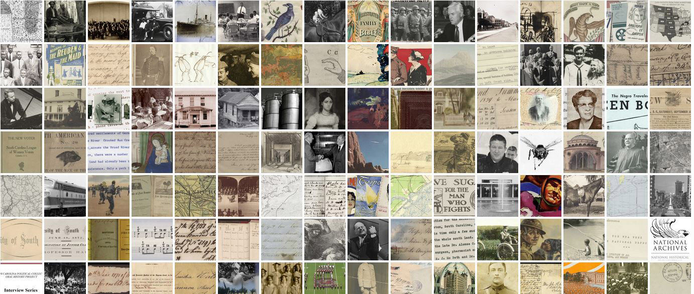 马赛克横幅由许多来自各种数字收藏的小图像组成。这些图像包括照片、图画和文字太小而无法清晰辨认的文本。