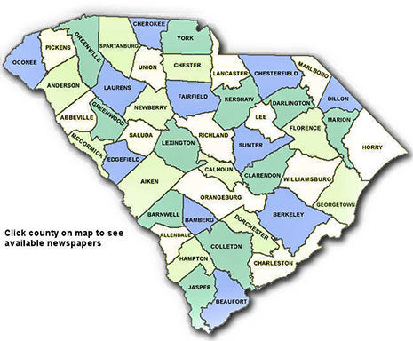 南卡罗来纳州的地图图像，分为县。