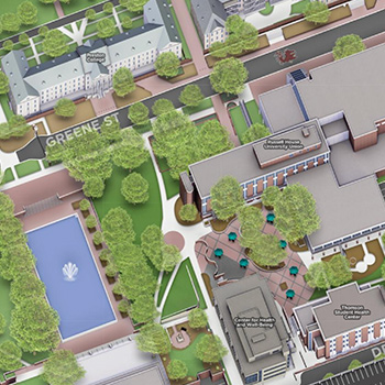 3 d渲染罗素的房子在格林街的校园地图。