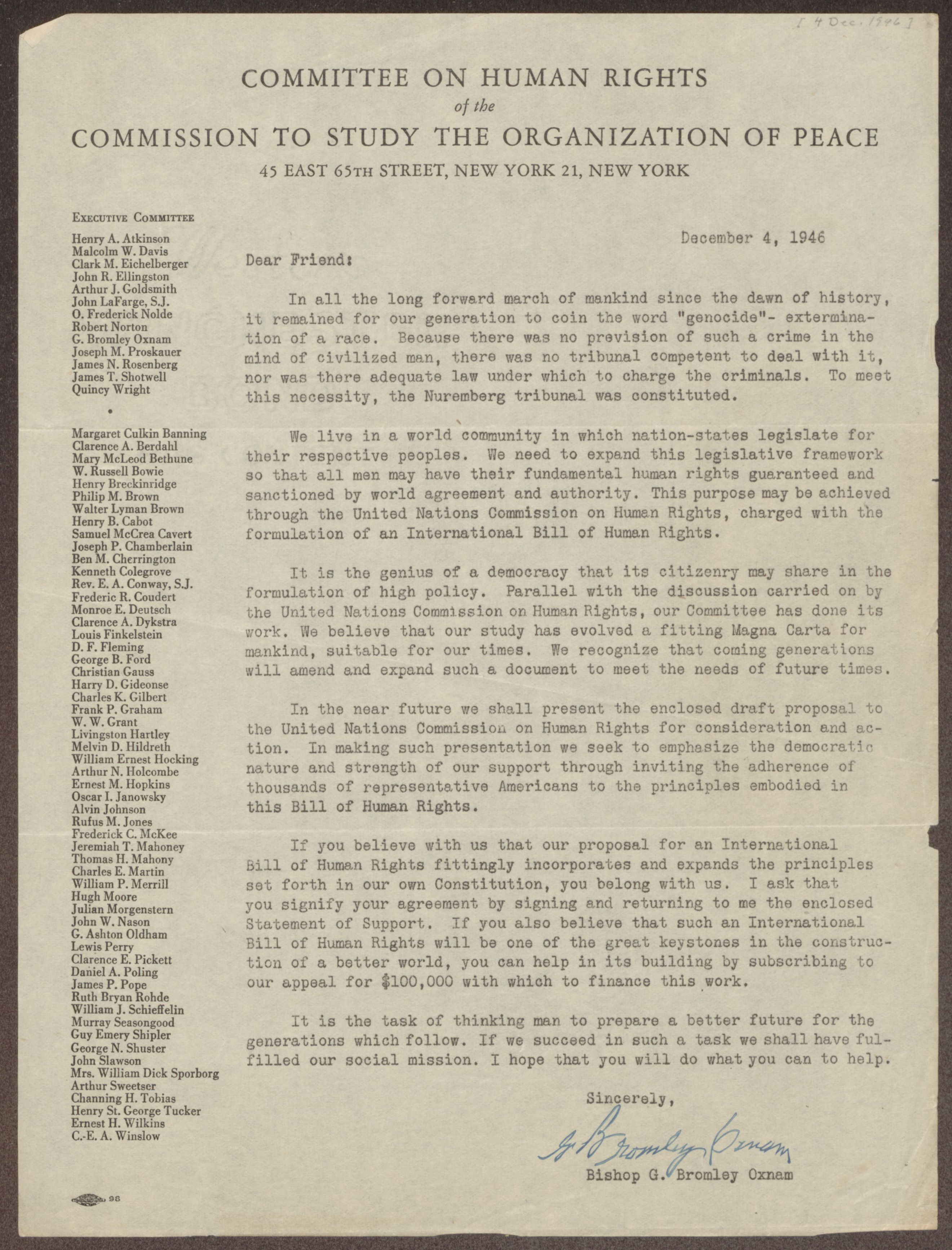 一封信发送成员和子公司的人权委员会委员会研究和平的组织。这封信发送1946年,二战后一年,表达了对政府及其政策影响了战争对人类与国际关系。在信中,委员会表示需要一个国际人权法案适用于所有国家。他们还附上他们的建议草案人权法案(不是图)。