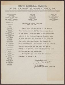 J. M.达布斯关于1951年4月12日在《新南方》发表的一篇文章的来信。这封信是用南卡罗来纳州地区委员会的信纸写的。