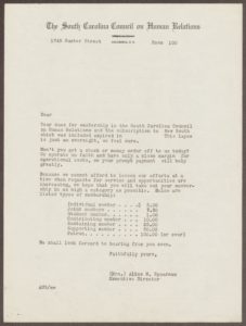 要求Alice N. Spearman缴纳会费的信件格式，写在南卡罗来纳人际关系委员会抬头的信纸上。