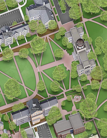 校园建筑和校园地图上的历史马蹄铁的渲染图。