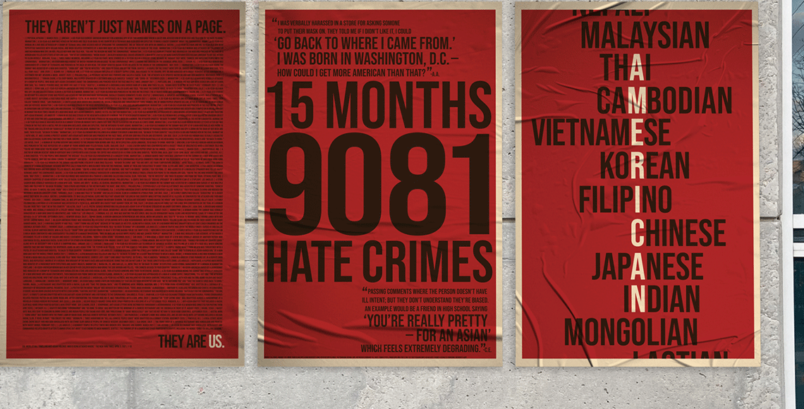 Piece from the DEI Charte Program featuring red posters with black lettering. 