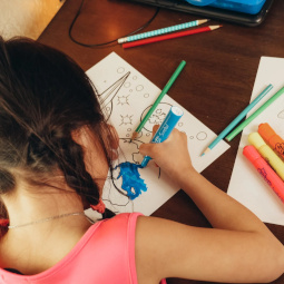 一个年轻的女孩穿着猪尾巴和粉红色的衬衫，用记号笔和彩色铅笔着色