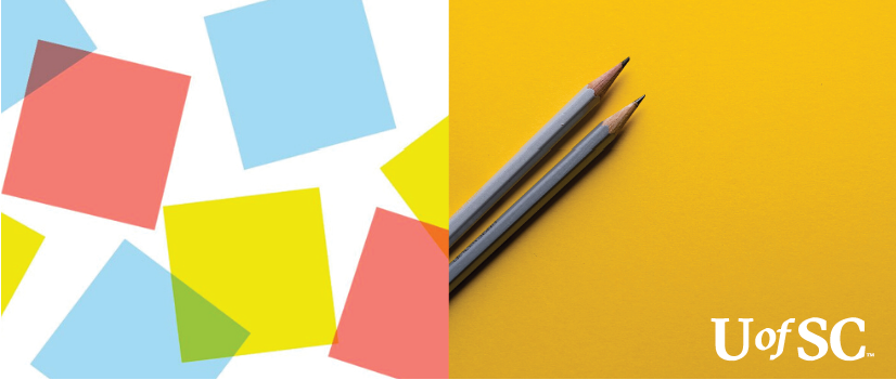 黄色背景上的彩色形状和铅笔