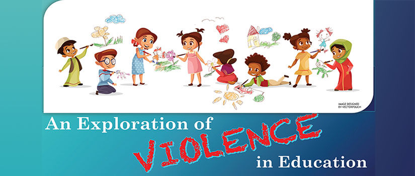 不同种族儿童的矢量艺术。下面的文字是“教育中的暴力探索”。Vectorpouch艺术作品