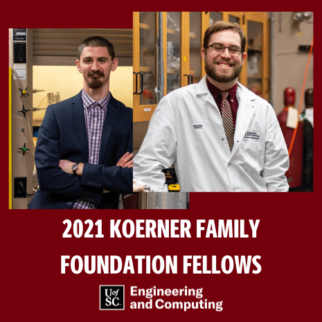 2021年koemer家庭基金会成员和一个带有两张学生头像的学院标志