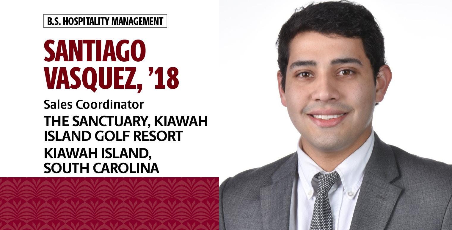 圣地亚哥·瓦斯奎兹，18，酒店管理学士学位，是圣所的销售协调员，Kiawah岛的Kiawah高尔夫度假村，南卡罗来纳州。