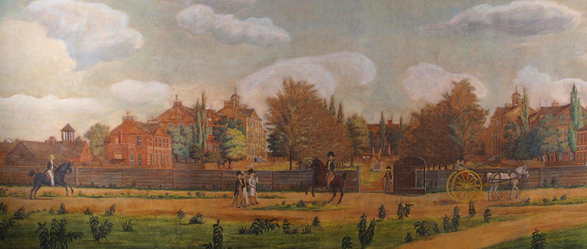 一幅历史绘画展示了早期的马蹄形图片麦卡琴房子，当时是教师宿舍，以及新成立的大学的其他建筑。