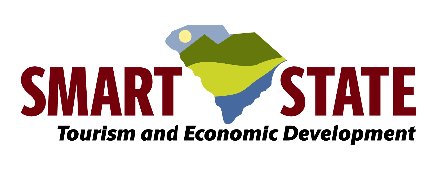 SmartState图形显示了南卡罗来纳州的山麓、山前、中部和低地地区的不同颜色。图表上写着:智能州旅游和经济发展