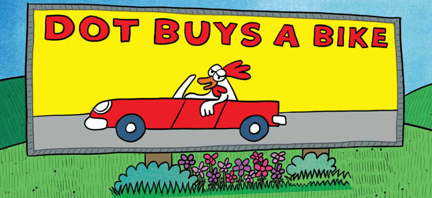 黄色广告牌的卡通画，一只鸡坐在红色的汽车里，背景是蓝天，前景是花朵。