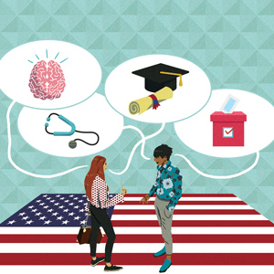 这幅画上有一面美国国旗、两个人在说话、大脑、迫击炮板和文凭、听诊器和投票箱