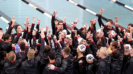 游泳队和跳水队聚在一起，举起手臂欢呼。