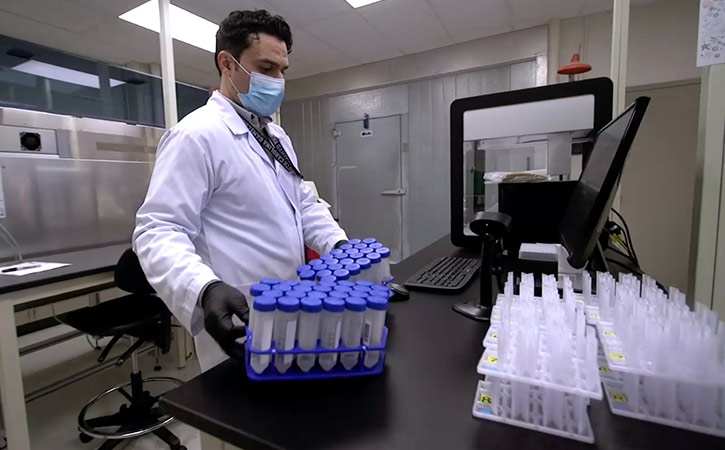 穿着实验室外套和安全设备的学生在实验室设置中持有试管的托盘。