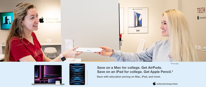 收银员在斗鸡iHub手中客户检查后的产品。下面促销展示了苹果的MacBook Pro EarPods和与苹果iPad的铅笔和文本声明“保存在Mac上大学。得到AirPods。保存在iPad上大学。苹果的铅笔。保存与教育定价在Mac、iPad和更多。