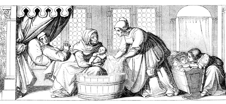 黑白插图的助产士洗澡新生儿出生后在中世纪